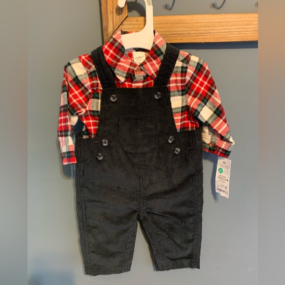 🐓NWT Carter’s Corduroy Overalls with Flannel Button-Down Shirt